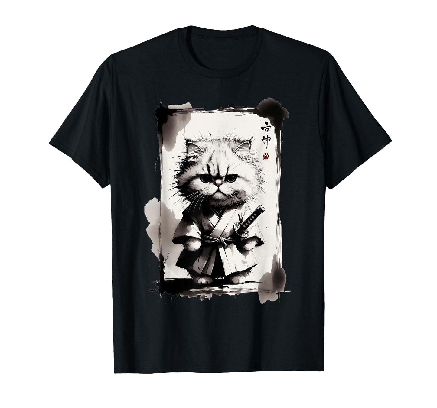 Kawaii Samurai Cat Japanese Art Sumi-e Novelty Funny Cat T-Shirt
