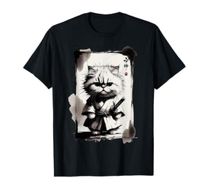 Kawaii Samurai Cat Japanese Art Sumi-e Novelty Funny Cat T-Shirt