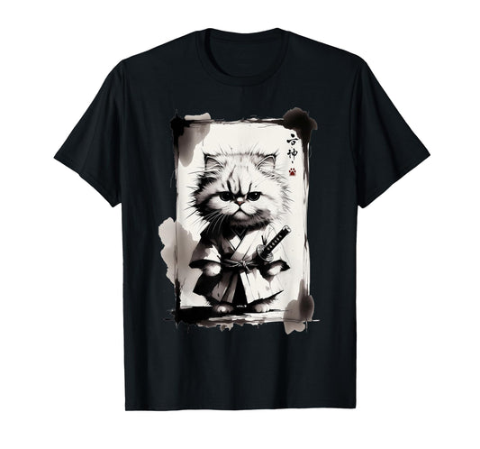 Kawaii Samurai Cat Japanese Art Sumi-e Novelty Funny Cat T-Shirt