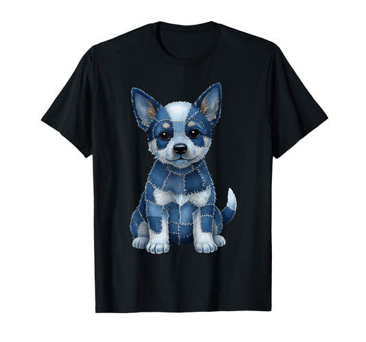 Funny Blue Heeler Dog Blue Denim Patchwork Pattern T-Shirt