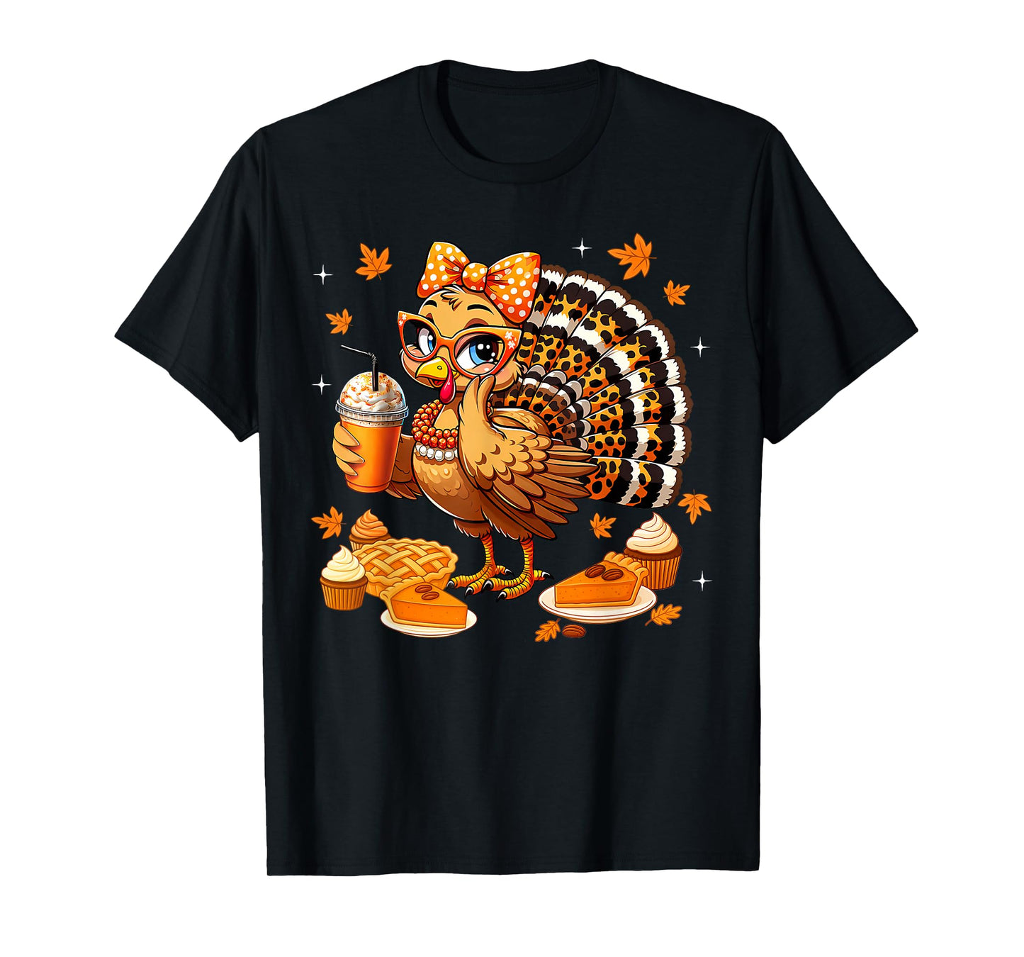 Leopard Turkey Drinking Coffee Bow Thanksgiving Women Girls T-Shirt