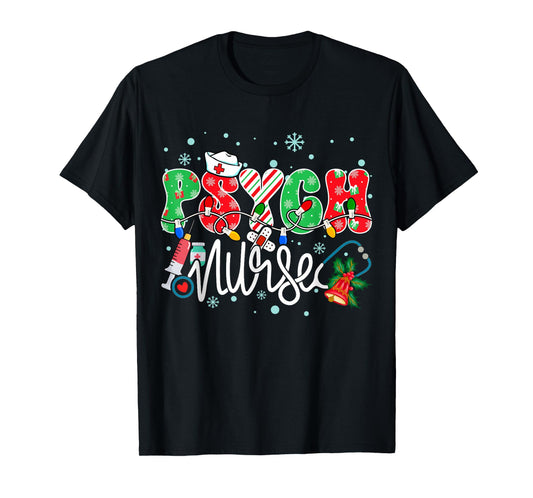 Psych Nurse Funny Xmas Light Stethoscope Christmas Nurse T-Shirt