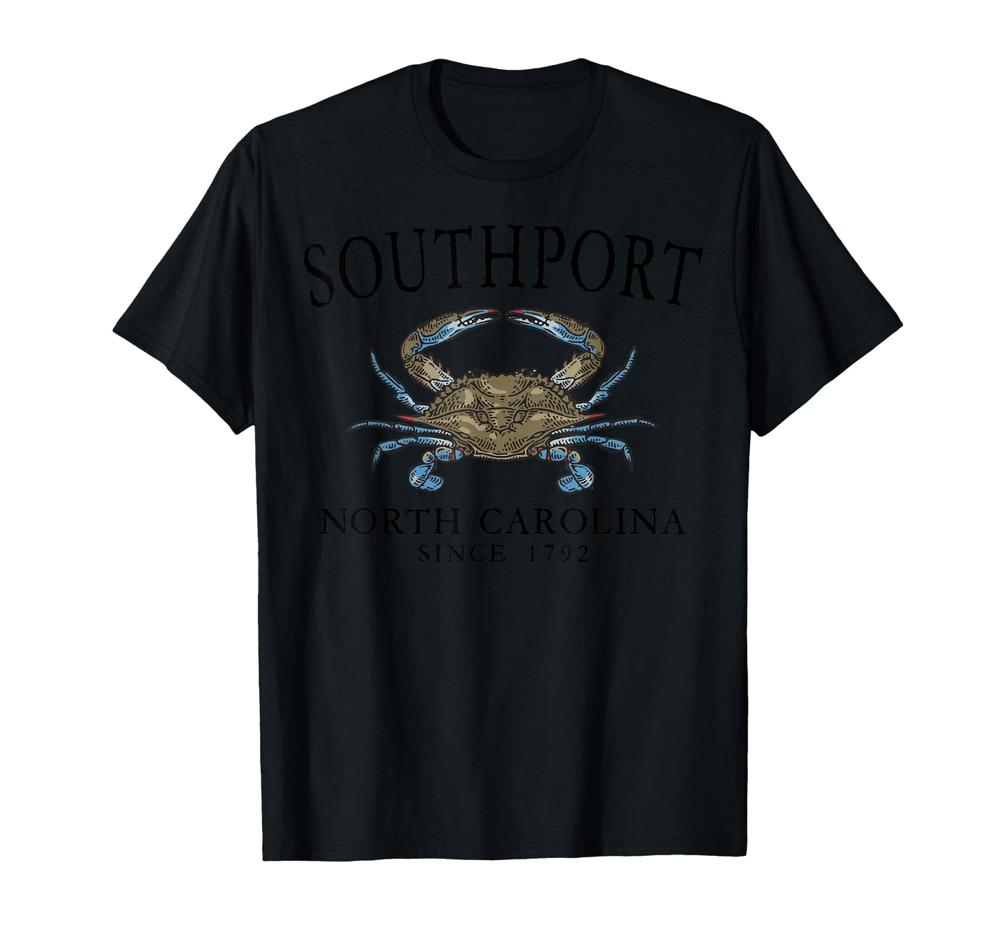 Southport North Carolina Blue Crab Since 1792 Black Letters T-Shirt