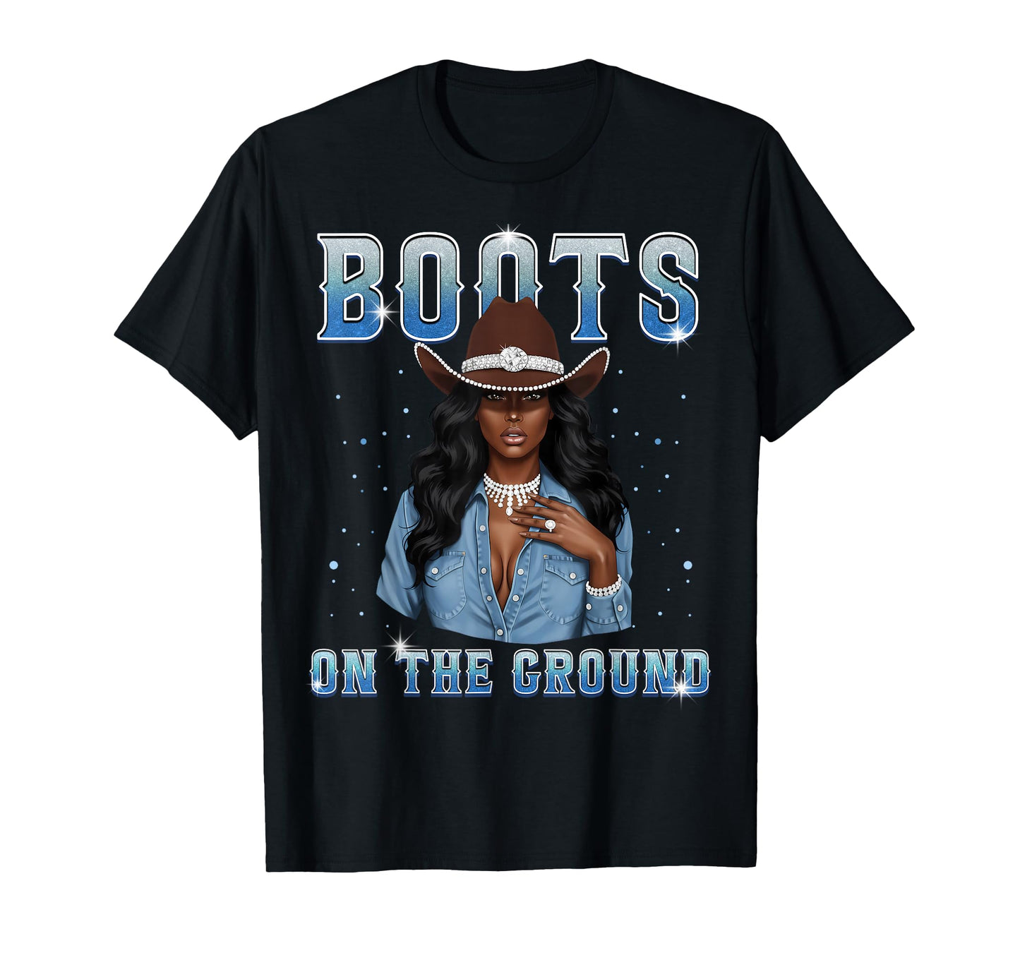 Afro Black Melanin Queen Western Cowgirl Hat Boots On Ground T-Shirt