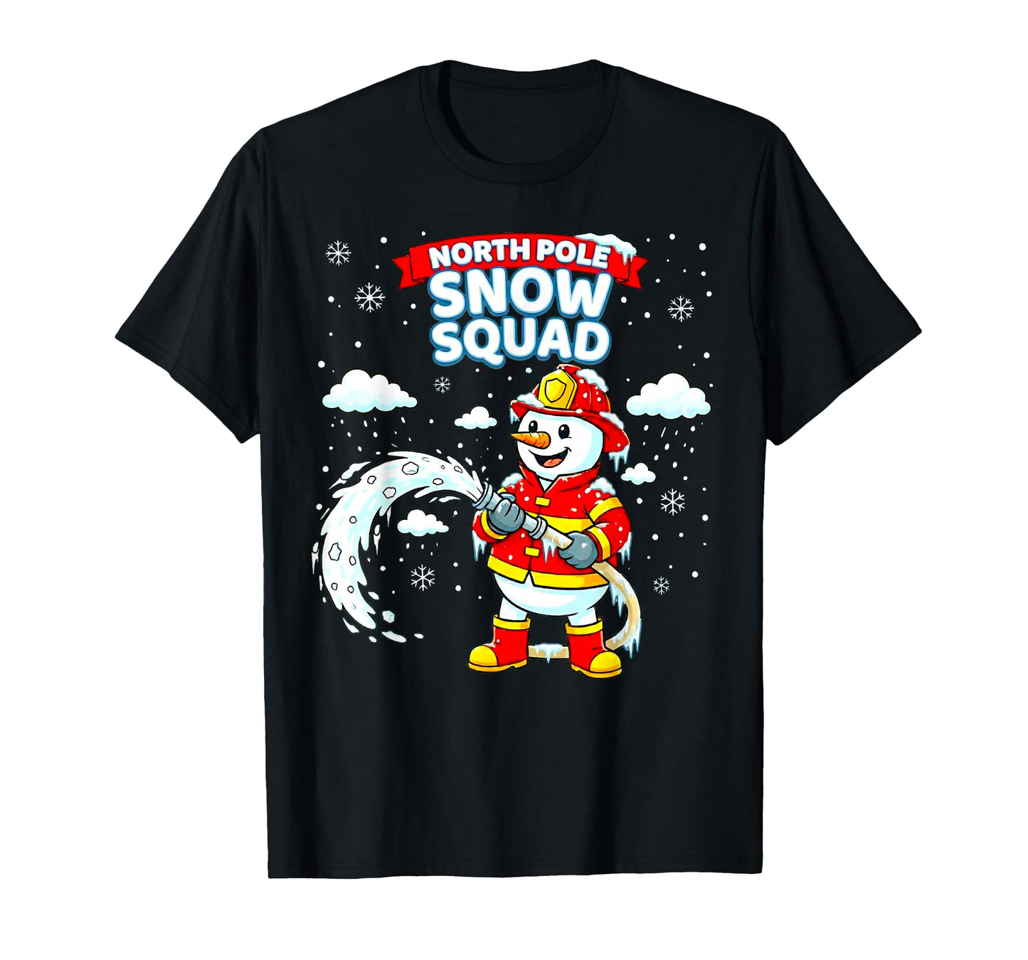 North Pole Snowman Firefighter Christmas Squad Kids Fireman T-Shirt
