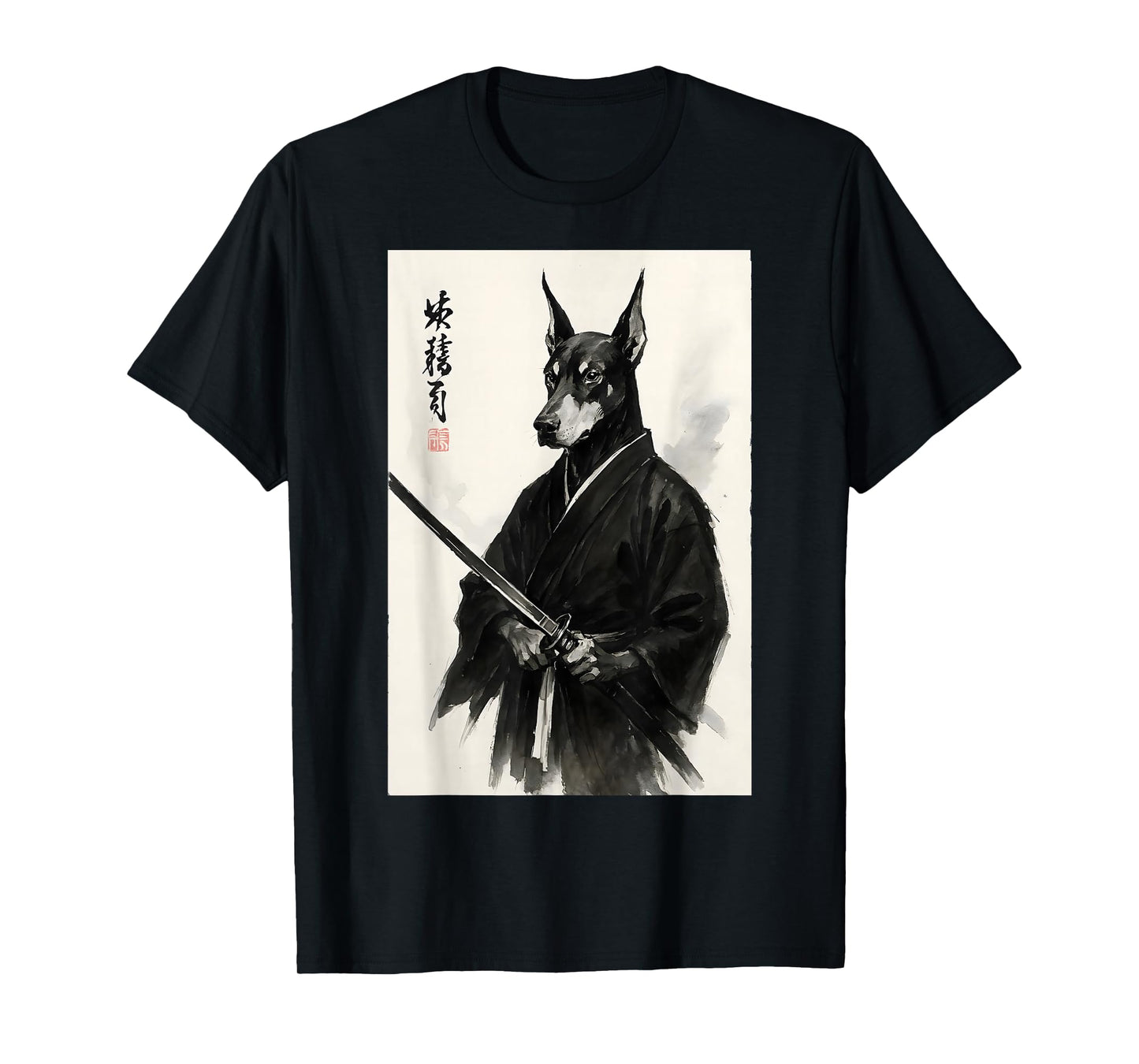 Japanese Brush Ink Bushido Warrior Sumi-e Doberman Pinscher T-Shirt