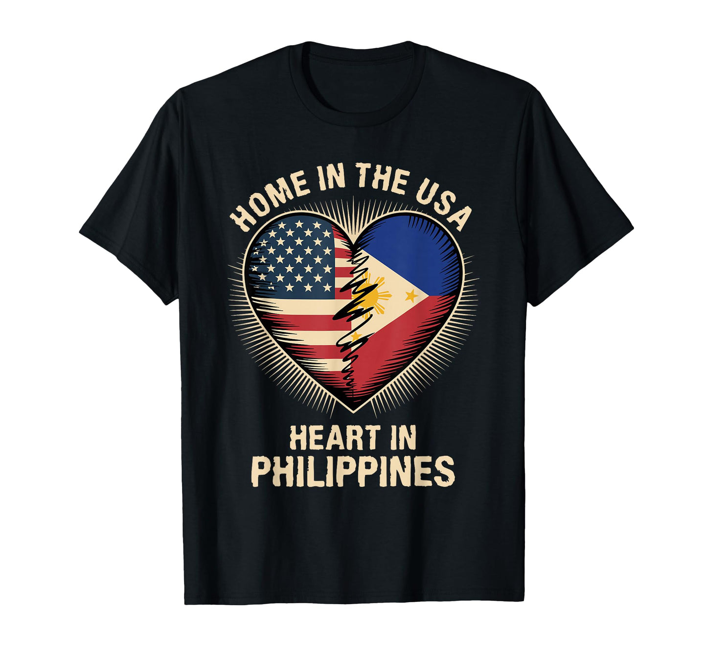 Home in The USA Heart in Philippines Filipino American T-Shirt