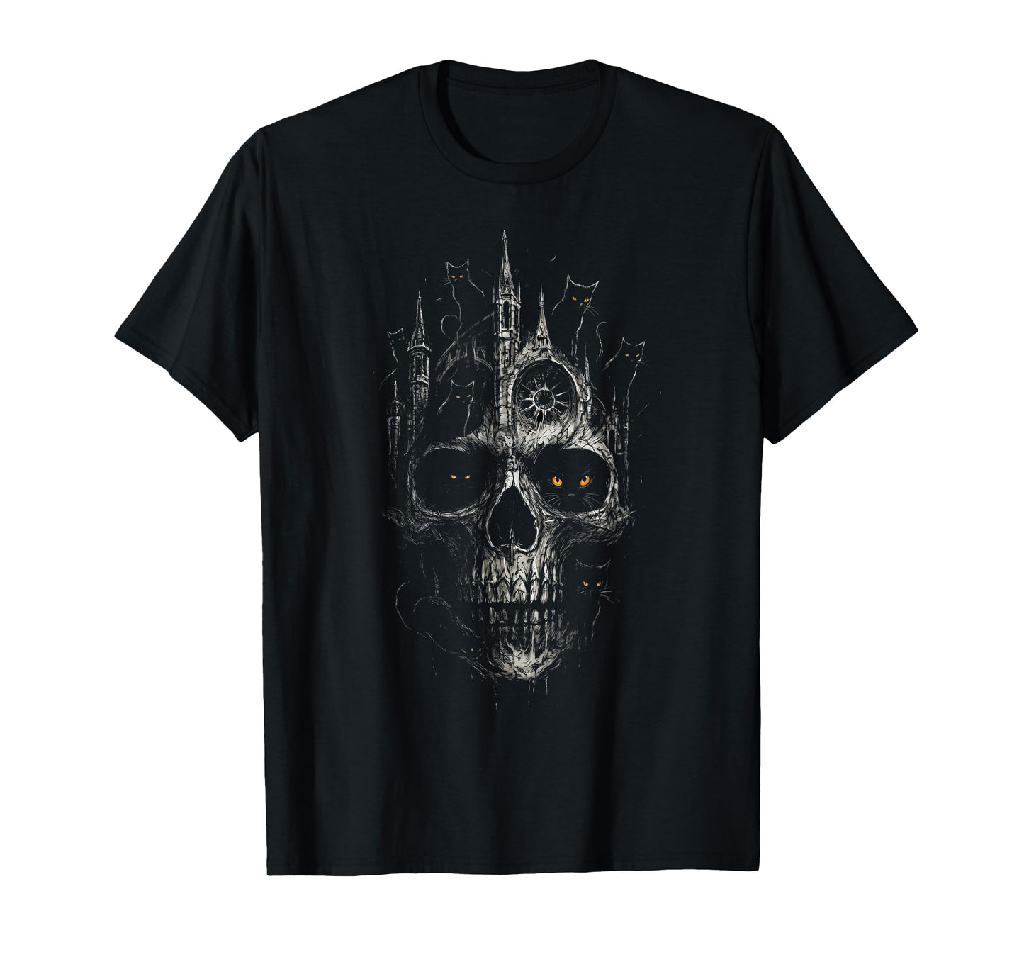 Gothic Skull Cathedral with Black Cats Dark Fantasy Art T-Shirt