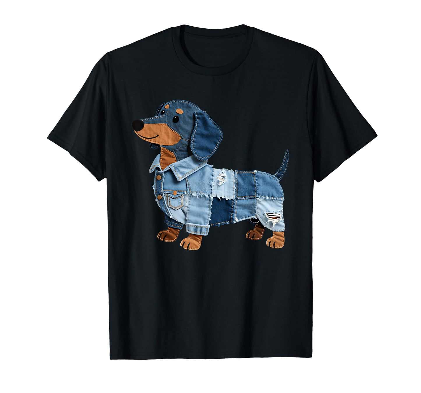 Denim Dachshund Dog Patchwork Puppy Vintage Art T-Shirt