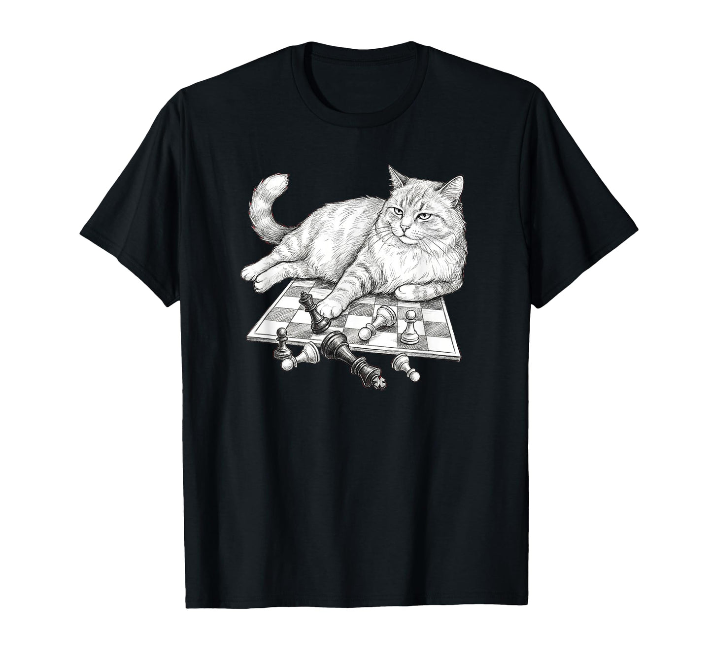 Funny Cat On Chessboard Knocking Over Pieces Chess Player T-Shirt