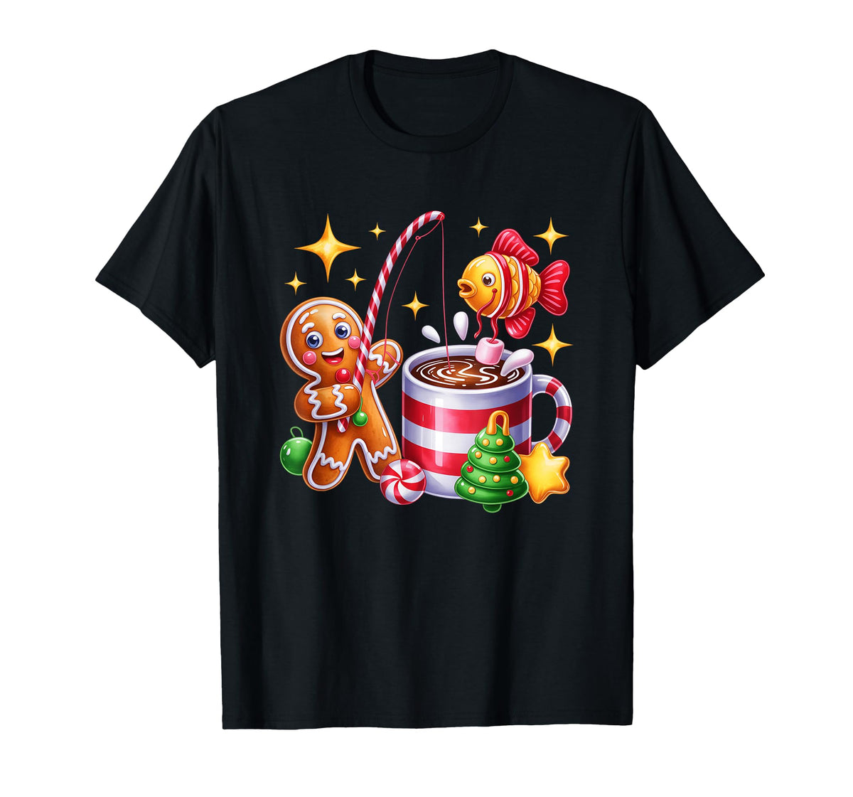Gingerbread Fishing Candy Cane Cocoa Festive Fun T-Shirt