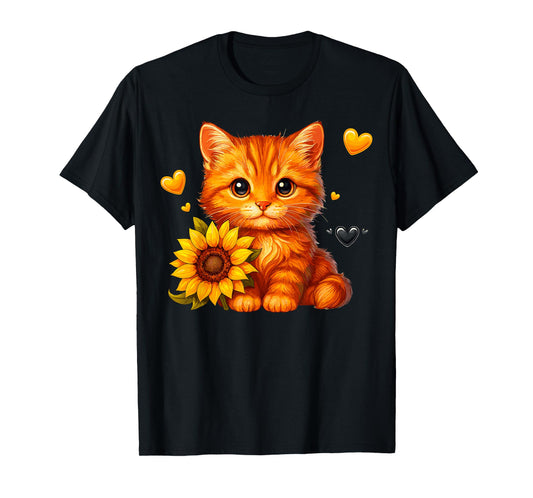 Cute Orange Cat with Sunflower T-Shirt