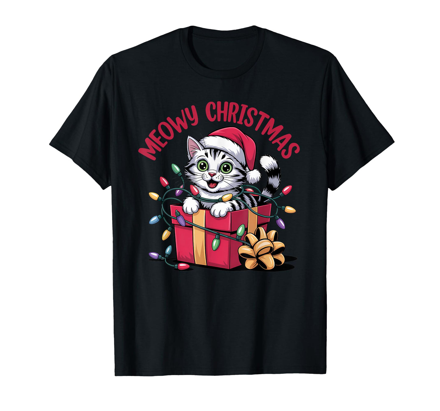 Meowy Christmas Funny Cat Tangled in Lights Xmas Family T-Shirt