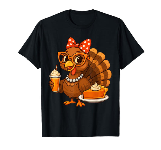 Turkey Drinking Coffee Bow Thanksgiving Womens Turkey Day T-Shirt