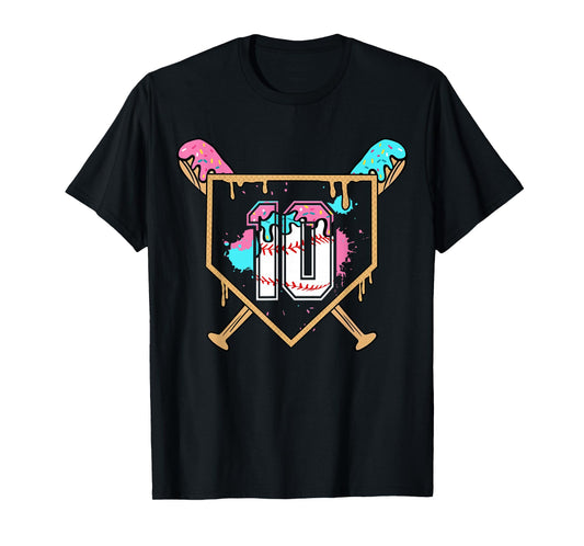 10th Birthday Baseball Bat Ice-Cream Drip 10yrs Old Boys T-Shirt
