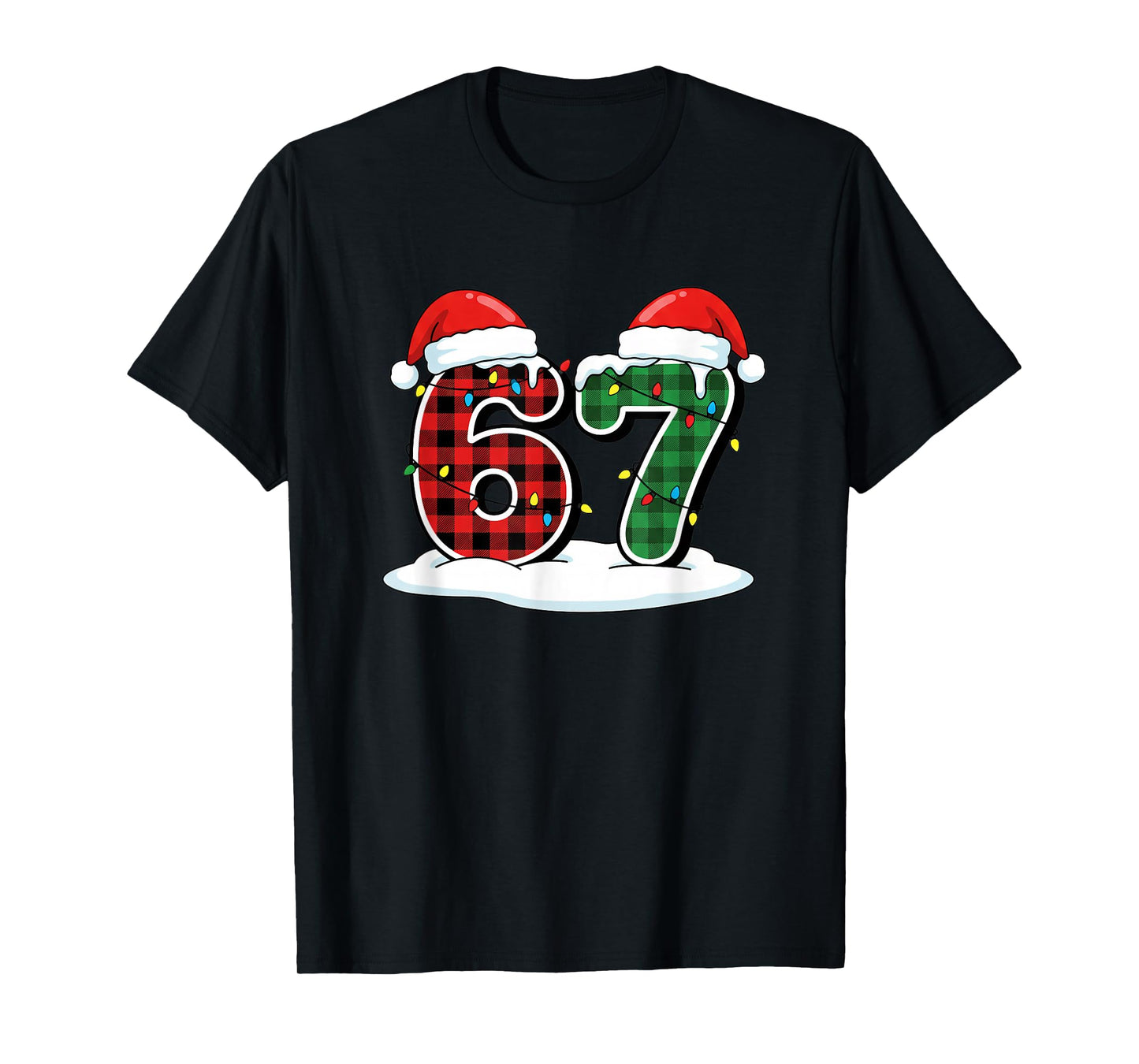 Christmas 67 Meme Six Seven Buffalo Plaid Santa Hats &Lights T-Shirt