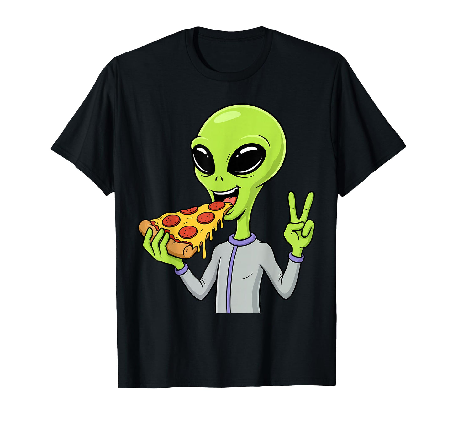 Alien Head Eating Pizza UFO Extraterrestrial Snack Fast Food T-Shirt