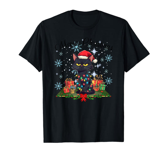 Meowy Christmas Black Cat Santa Hat Wrapped in Lights Fun T-Shirt