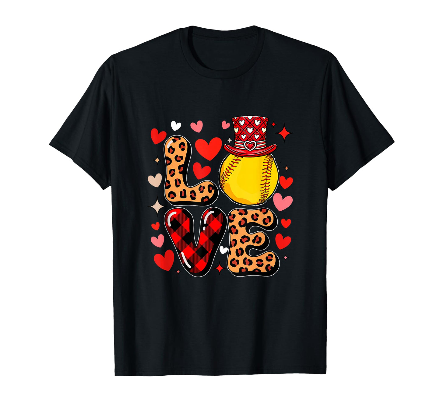 Love Leopard Hearts Valentine's Day Softball Player Team T-Shirt