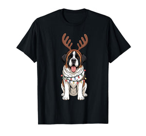 Saint Bernard Dog Christmas Reindeer Lights Funny Xmas T-Shirt