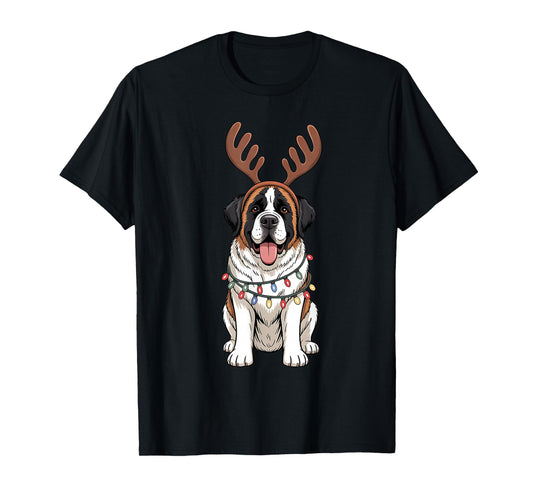 Saint Bernard Dog Christmas Reindeer Lights Funny Xmas T-Shirt