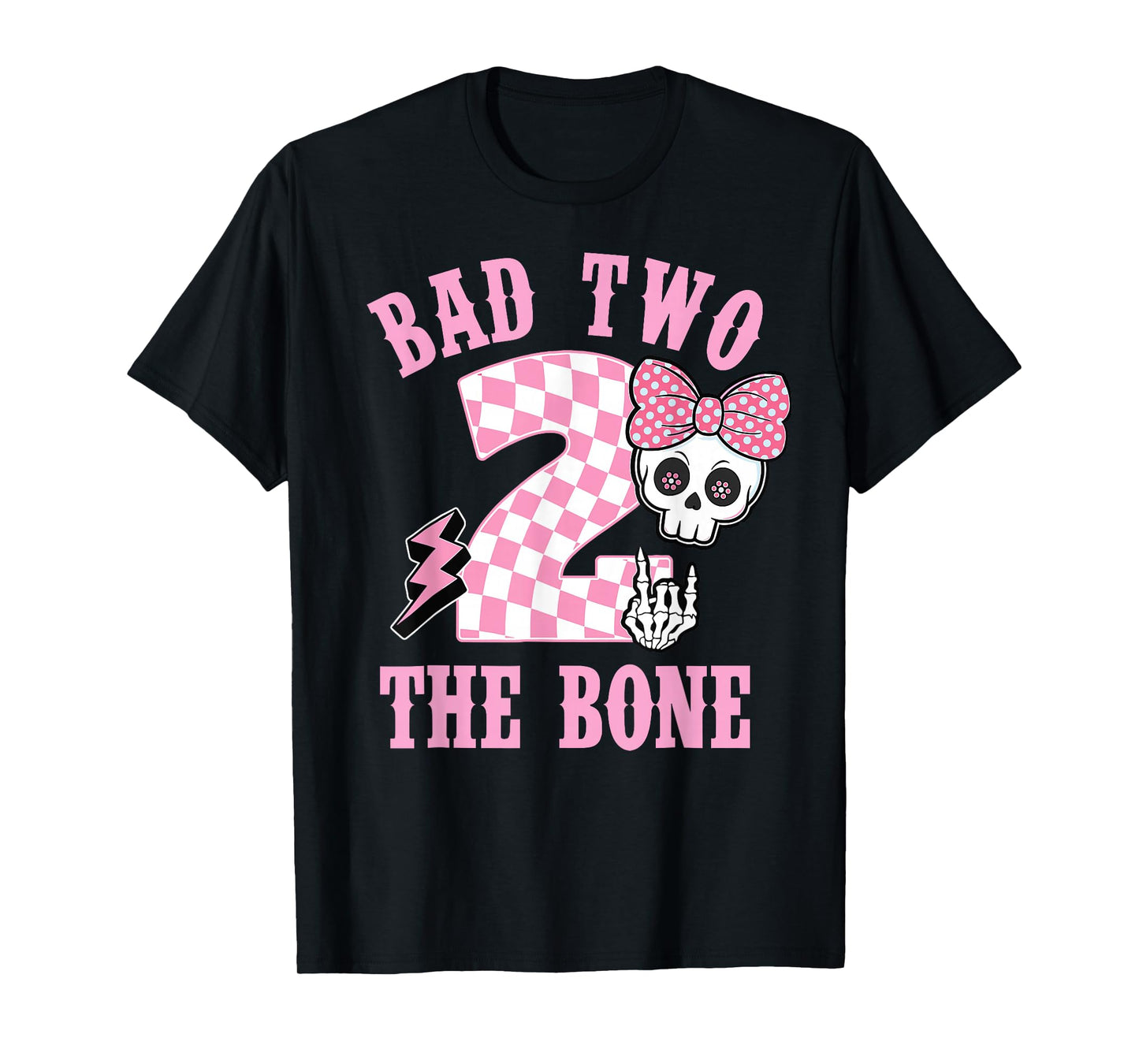 Bad Two The Bone Birthday 2 Years Old Pink Checkered Graphic T-Shirt
