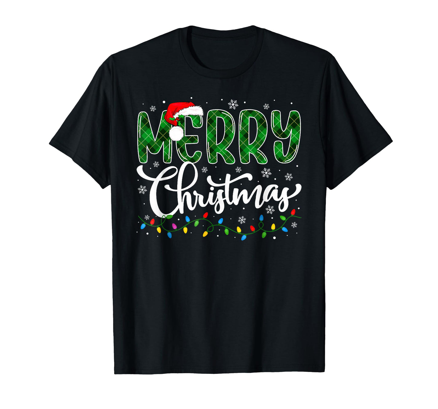 Merry Christmas Green Buffalo Plaid Xmas Lights Family Santa T-Shirt