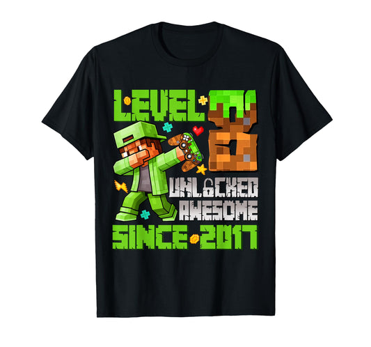 Level 8 Unlocked Awesome Since 2017 8th Birthday Game Pixel T-Shirt