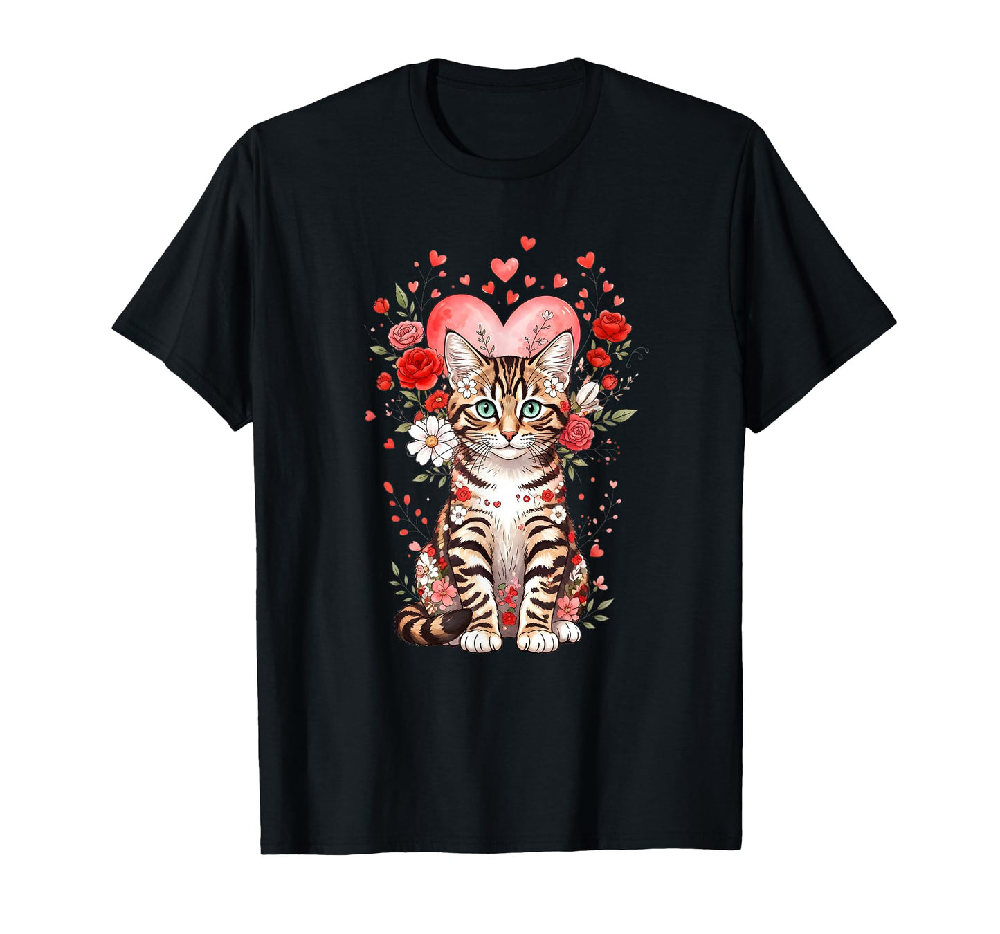 Bengal Cat Valentine Floral Heart for Cat Lovers T-Shirt