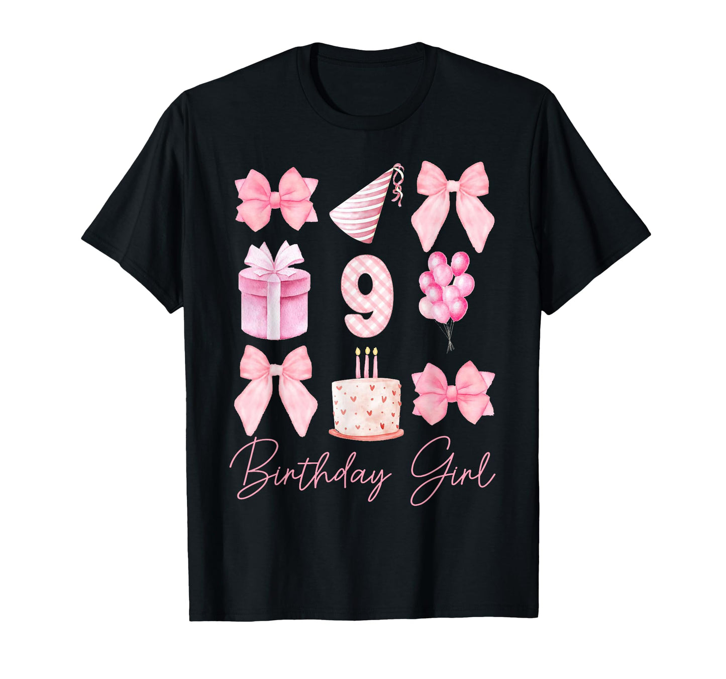 Birthday Girl 9th Birthday Pink Coquette Bow 9 Year Old Kids T-Shirt