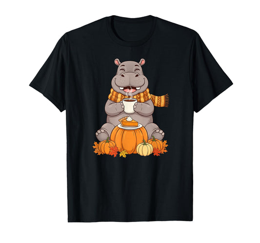 Funny Hippo Coffee Autumn Thanksgiving Womens Mens Kids T-Shirt