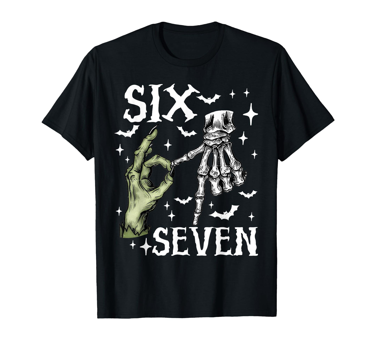 Six Seven 6 7 Meme Saying 6 7 Halloween Skeleton Hands Sign T-Shirt