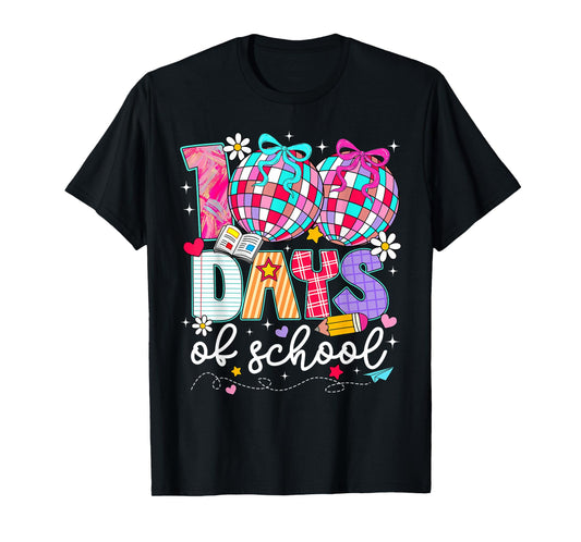 100 Days of School Disco Ball Coquette Bow Girl Kid Teacher T-Shirt