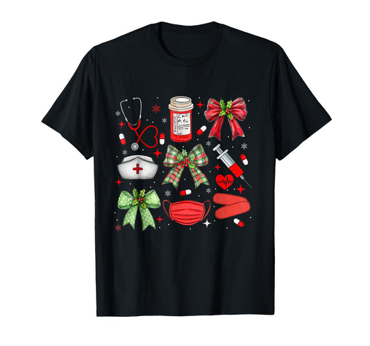 Christmas Xmas Coquette Bow RN CNA ICU Scurb Nurse Doctor T-Shirt
