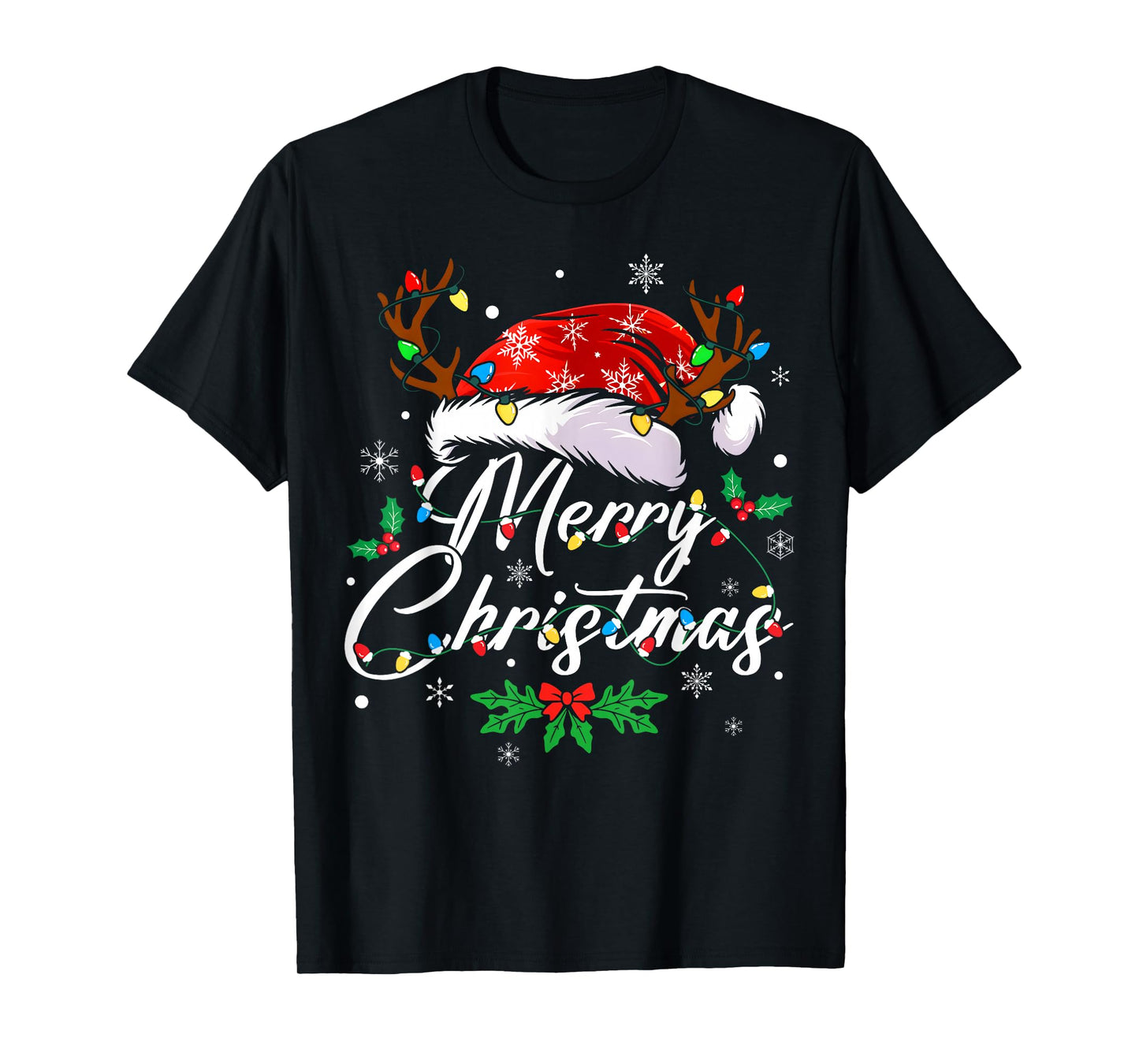 Merry Christmas Lights Red Santa Hat Xmas Family Men Women T-Shirt