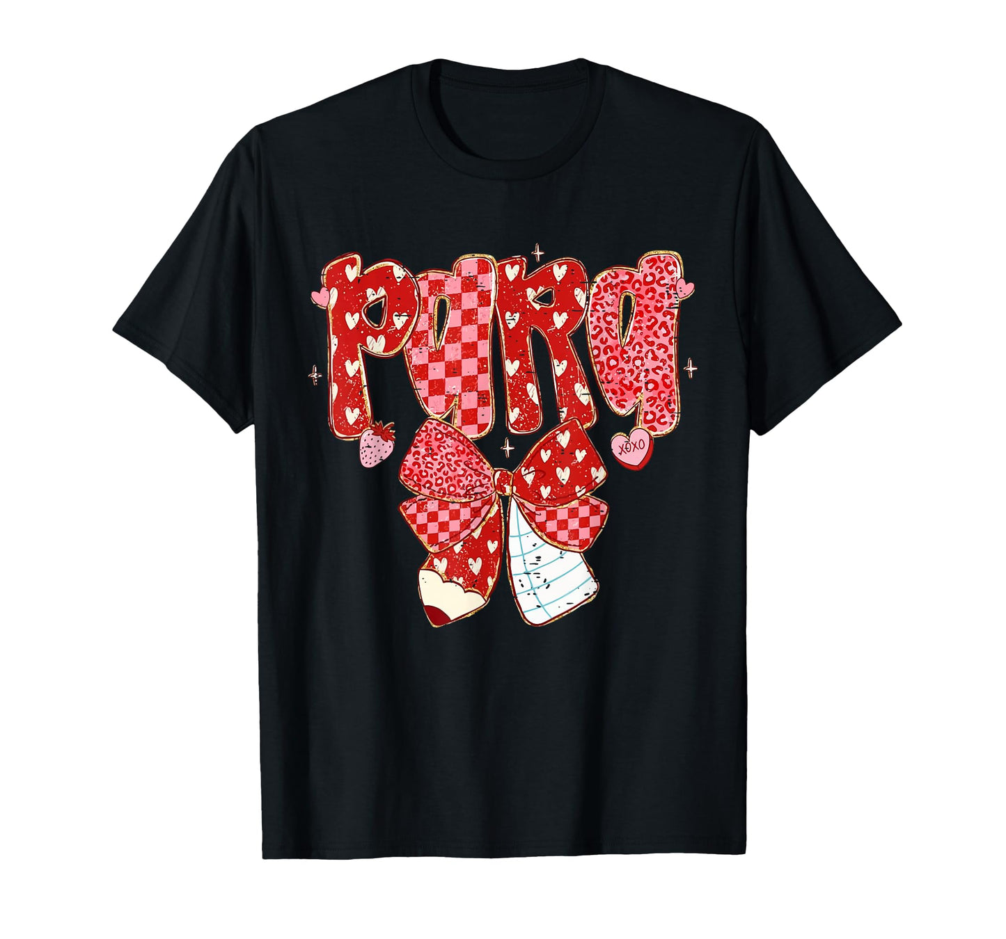 Retro Checkered Coquette Bow Pencil para Teacher Valentine T-Shirt