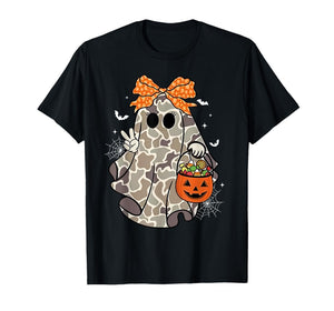Coquette Camo Ghost Bow Halloween Candy Hunter Girls Kids T-Shirt