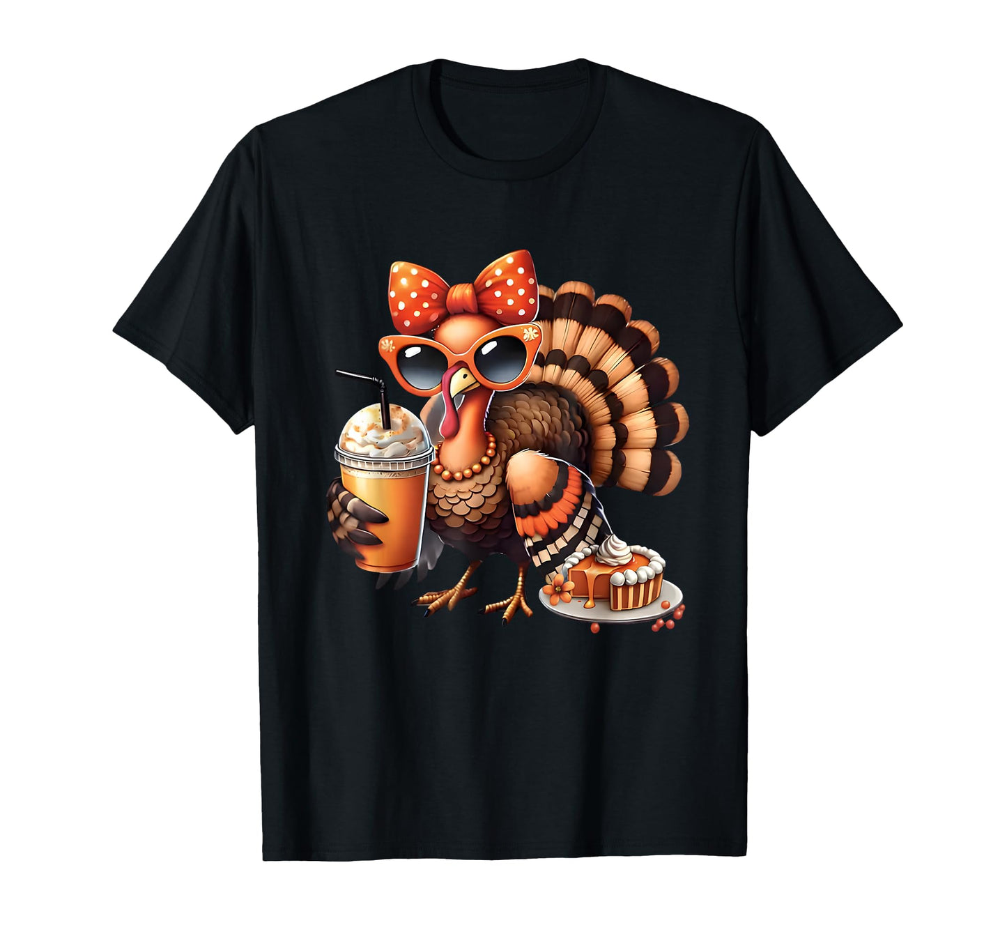 Turkey Drinking Coffee Bow Thanksgiving Womens Turkey Day T-Shirt