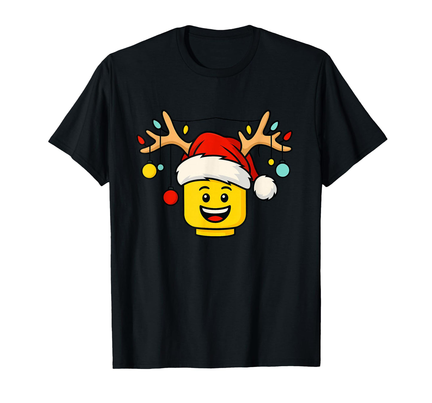 Christmas Building Bricks Head with Santa Hat Antlers Lights T-Shirt