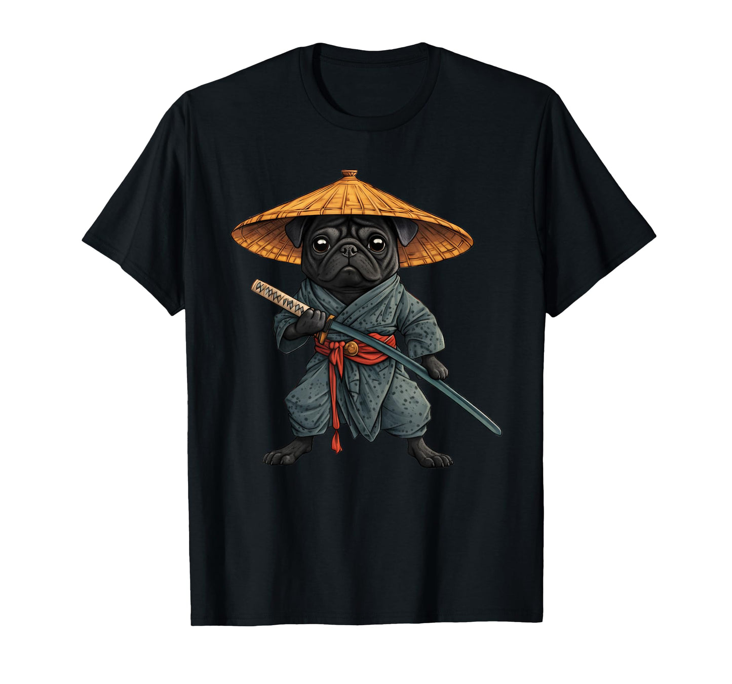 Black Pug Samurai Art Japanese Vintage T-Shirt