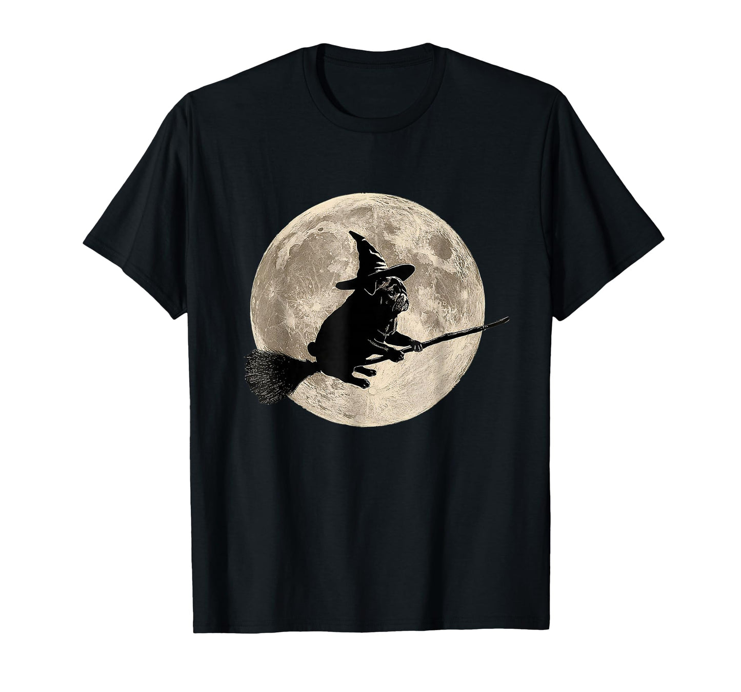 Witch Pug Flying Broom Full Moon Halloween Night T-Shirt