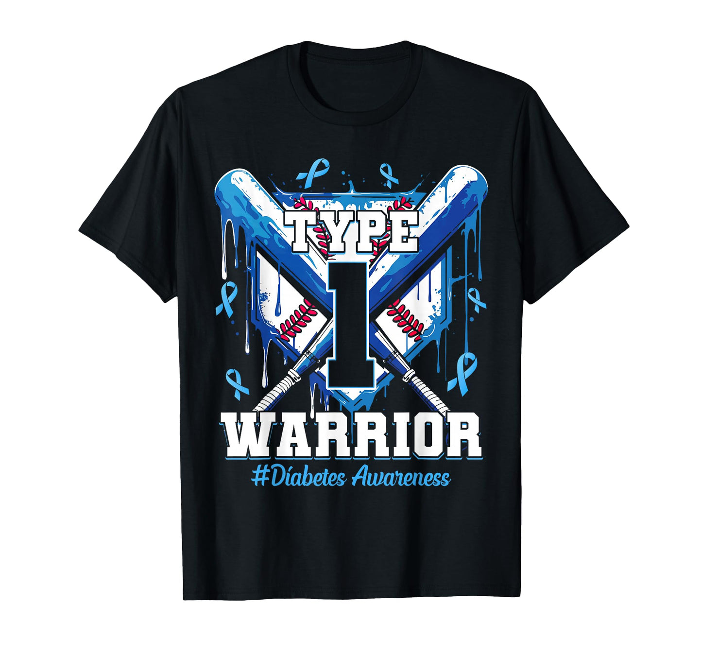 T1D Warrior Baseball Drip Diabetes Awareness Blue Ribbon T-Shirt