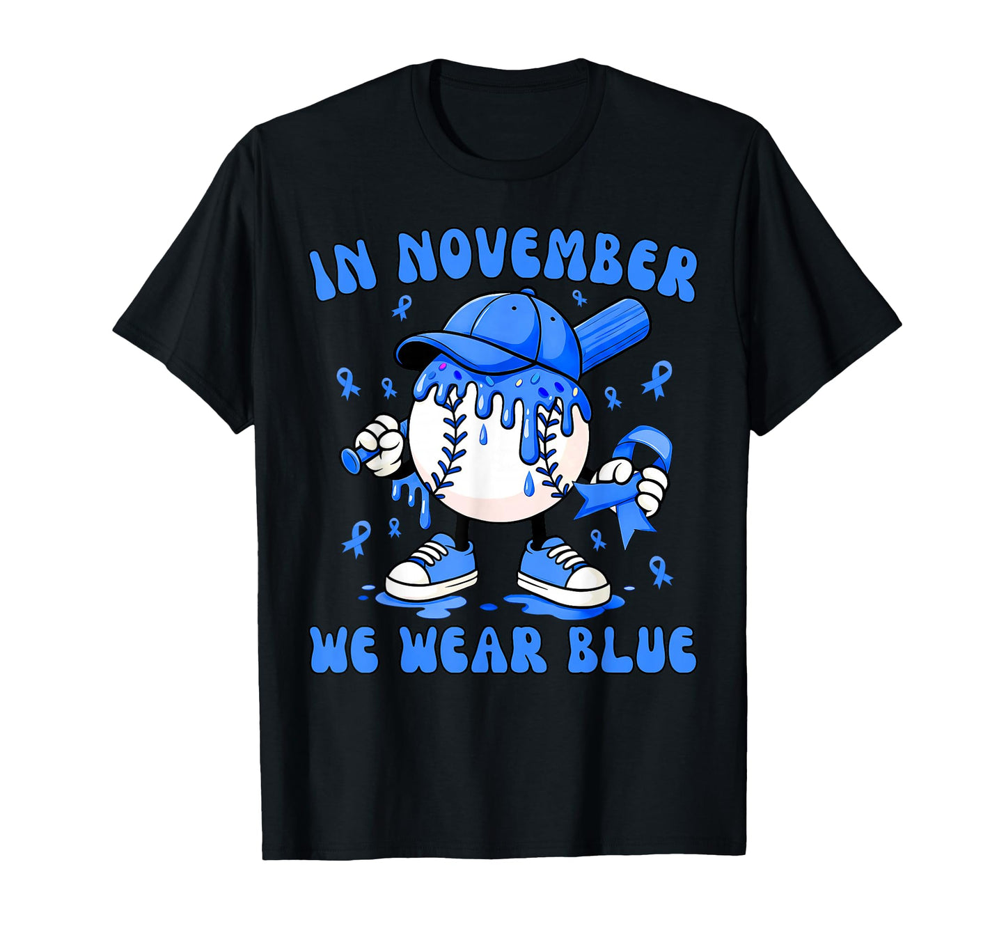 in November We Wear Blue Baseball Drip Diabetes Support T-Shirt