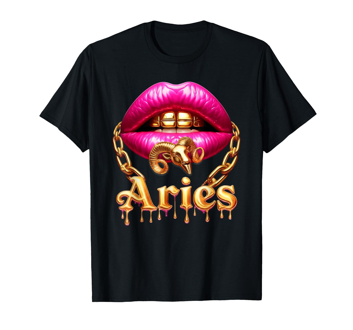 Aries Queen Girl Zodiac Birthday Women Pink Lips Gold Chain T-Shirt