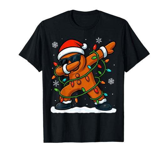 Dabbing Gingerbread Christmas Xmas Lights Boys Christmas T-Shirt