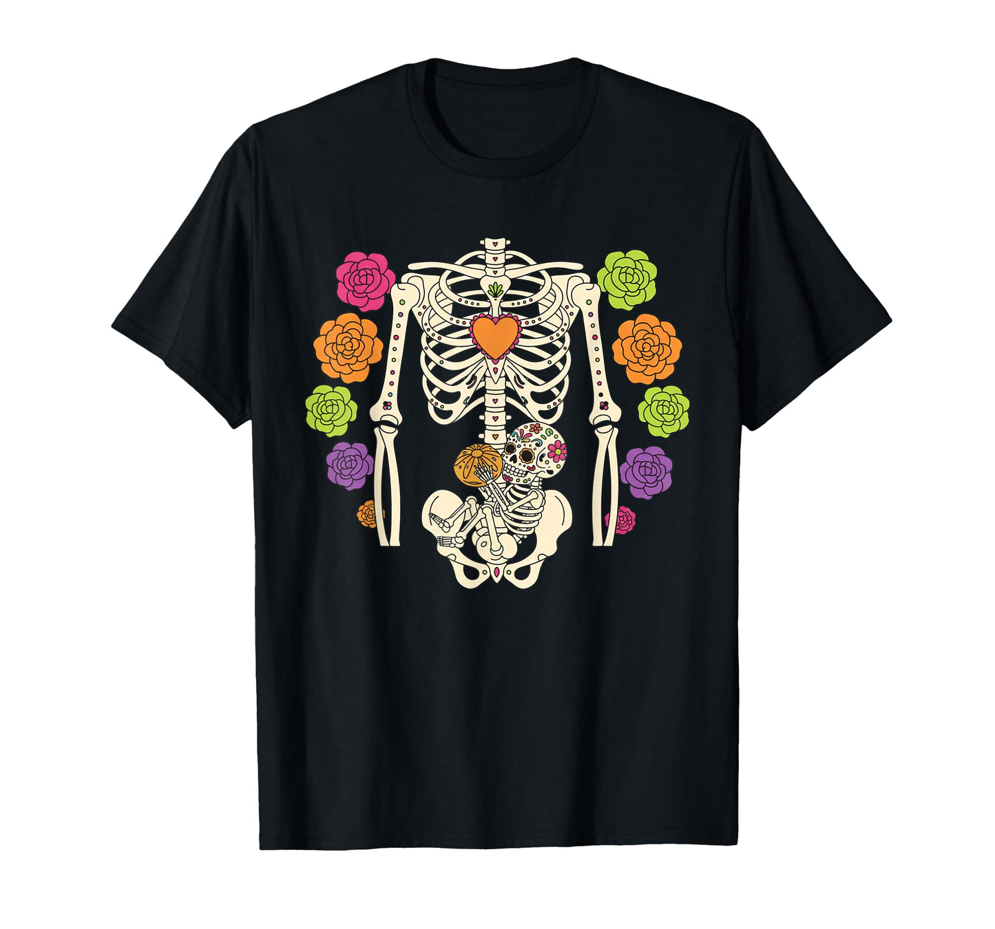 Colorful Sugar Skull Pregnancy Skeleton Halloween Costume T-Shirt