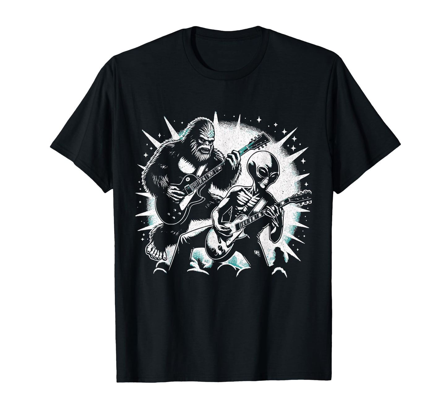 Funny Bigfoot and Alien Playing Guitar Rock Music Musicians T-Shirt