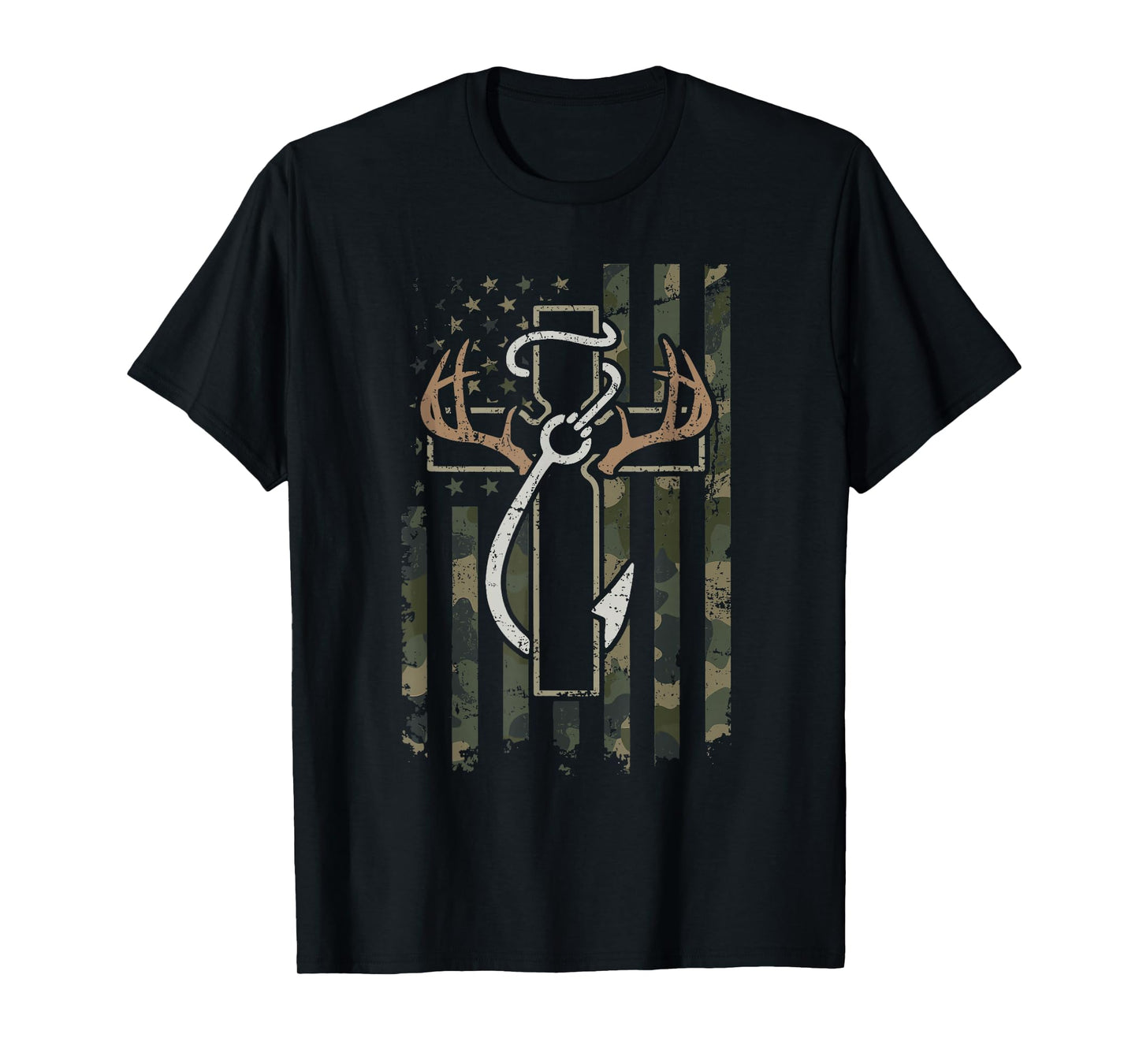 Camo Flag Deer Antlers Cross Fishing Hook Hunting Season T-Shirt