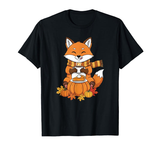 Funny Fox Coffee Autumn Thanksgiving Womens Mens Kids T-Shirt