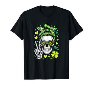 St Patricks Day Skull Messy Bun Saint Pattys Paddys Women T-Shirt